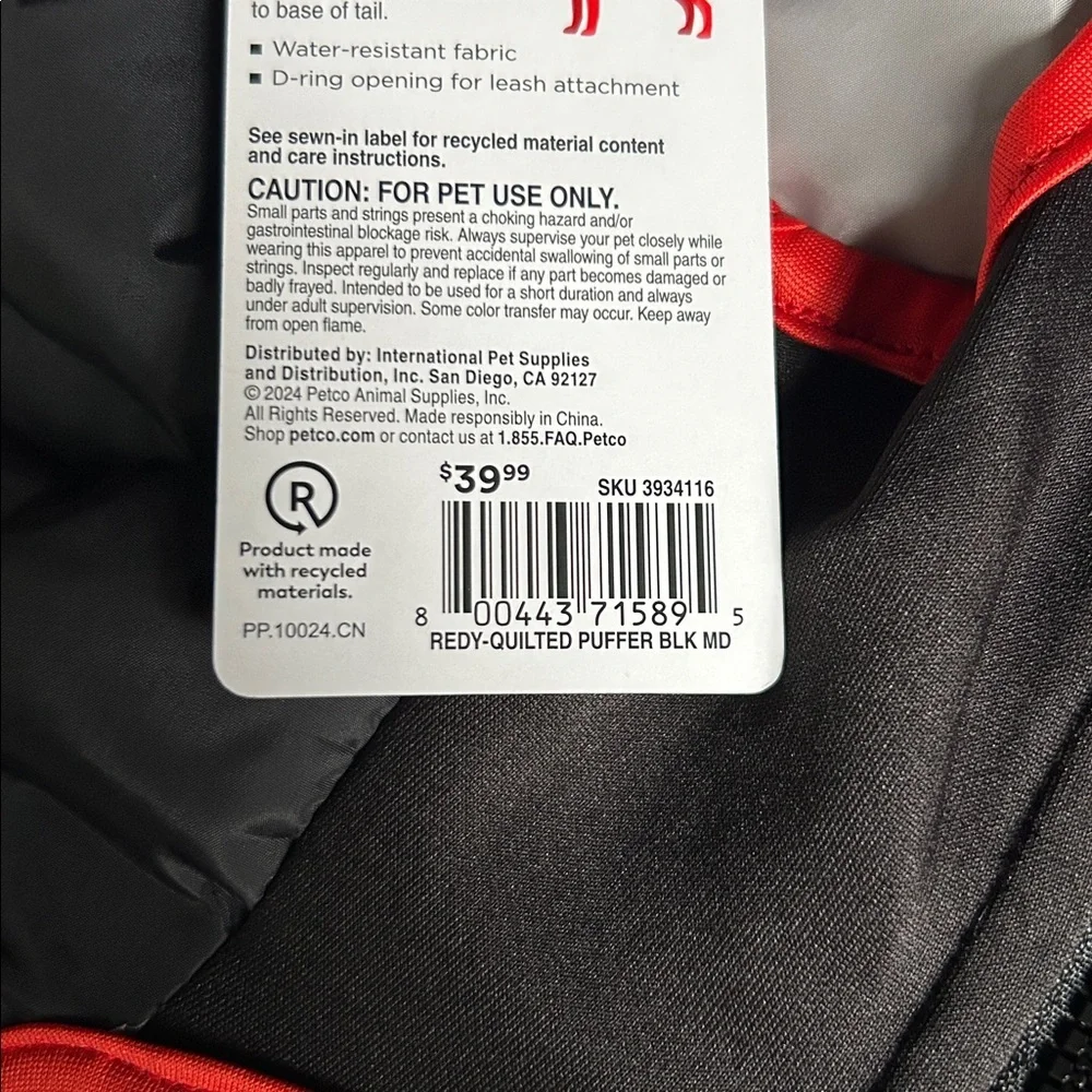 New Reddy quilted puffer dog jacket M